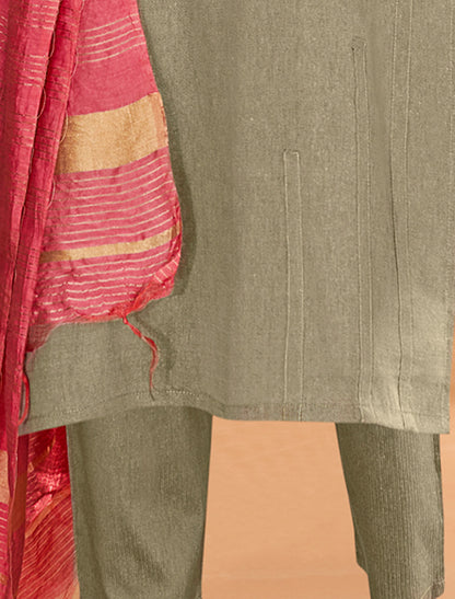 Khaki Masert Cotton Top Lining Cotton Pant and Banarasi Viscose Dupatta For Women