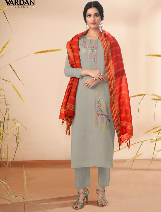 Light Grey Masert Cotton Top Lining Cotton Pant and Banarasi Viscose Dupatta For Women