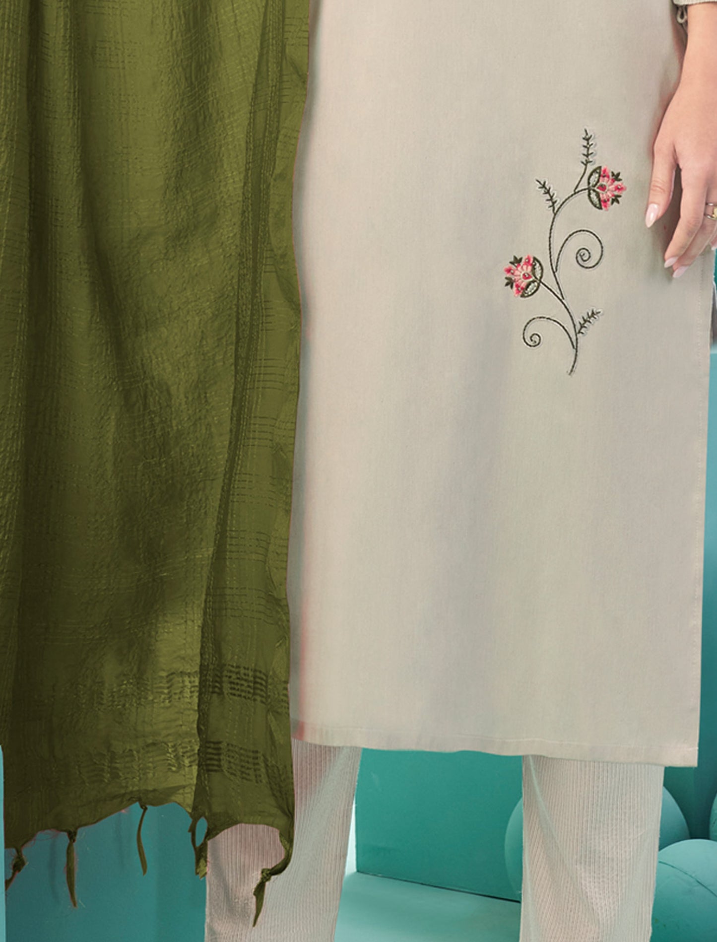 Off White Masert Cotton Top Lining Cotton Pant and Banarasi Viscose Dupatta For Women