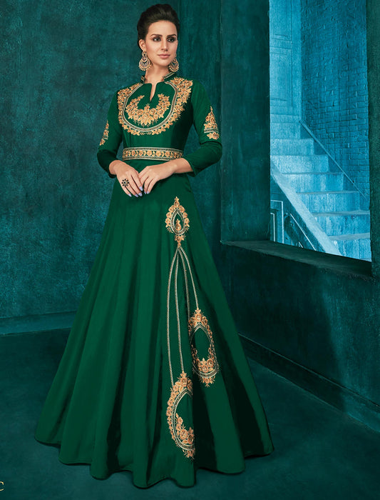 Green Triva Silk Embellished With Heavy Embroidery Ethnic Gown For Women