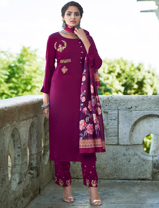 Jam Violet Heavy Rayon Kurti with Matching Bottom and Dupatta For Women