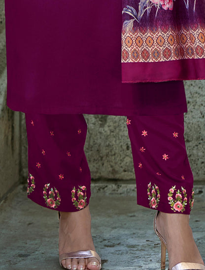 Jam Violet Heavy Rayon Kurti with Matching Bottom and Dupatta For Women