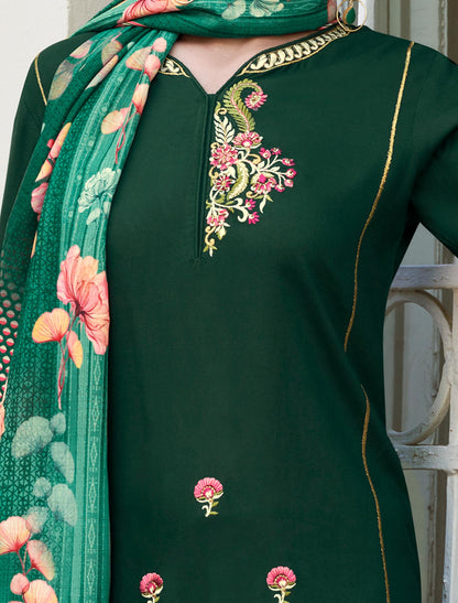 Dark Green Heavy Rayon Kurti with Matching Bottom and Dupatta For Women
