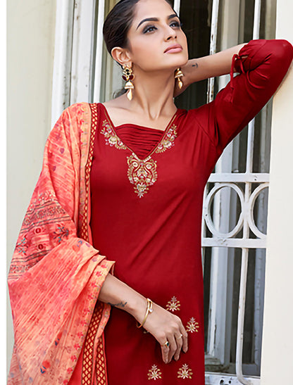 Maroon Heavy Rayon Kurti with Matching Bottom and Dupatta For Women