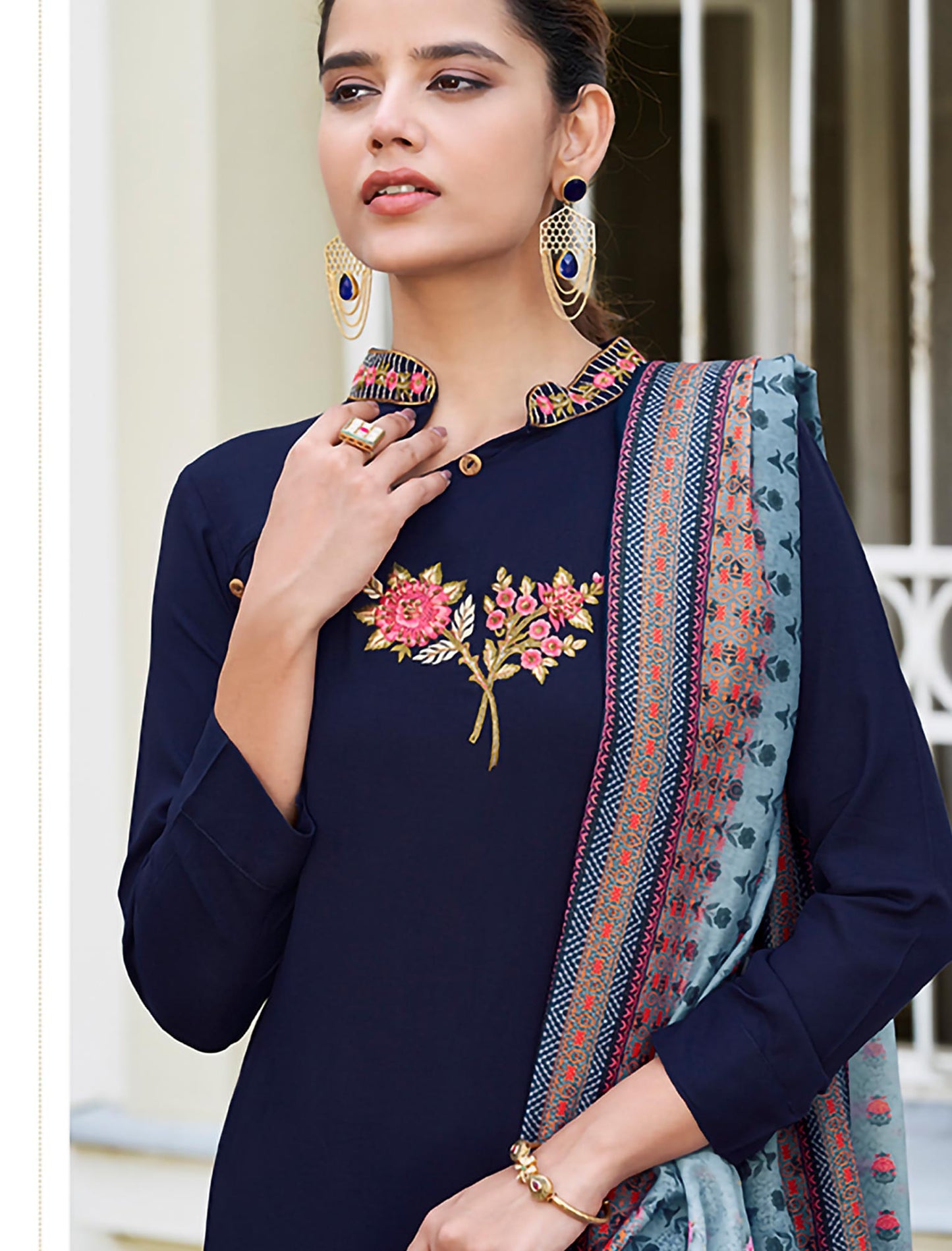 Navy Blue Heavy Rayon Kurti with Matching Bottom and Dupatta For Women