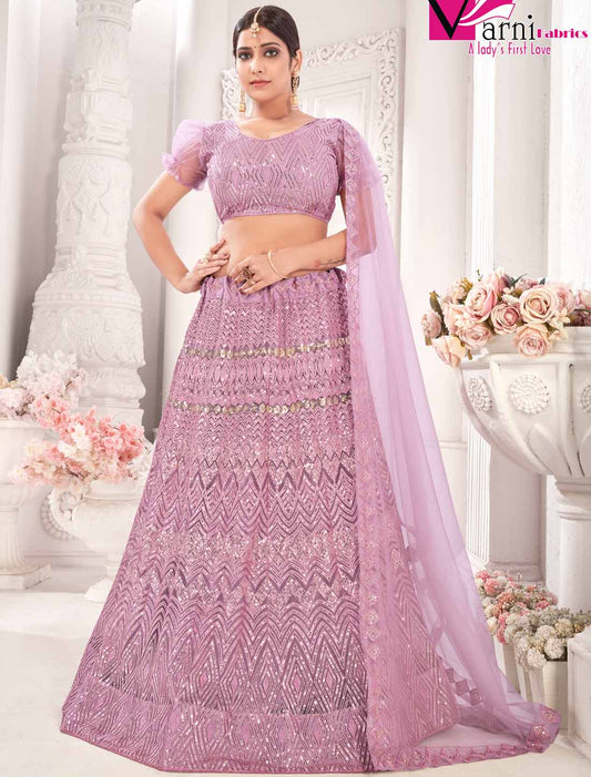 Ethnic Light Purple Net With Embroidered Traditional Lehenga Choli