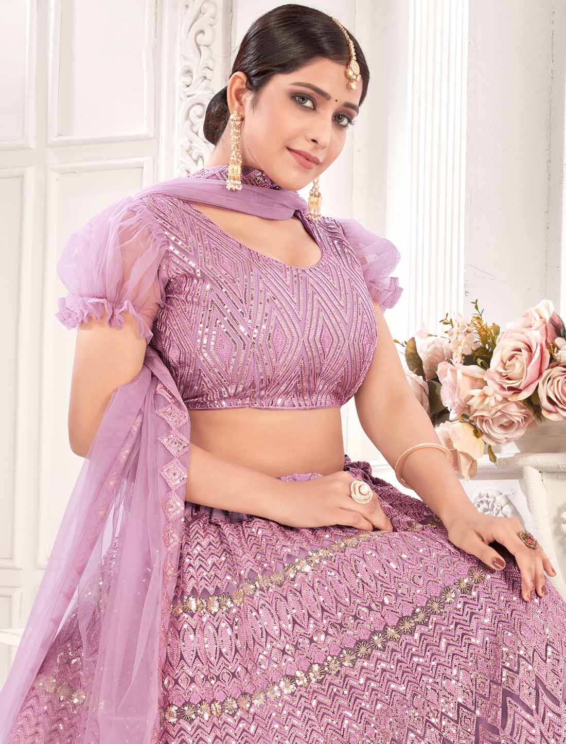 Ethnic Light Purple Net With Embroidered Traditional Lehenga Choli