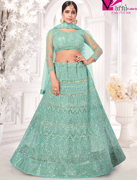 Traditional Sea Green Net With Embroidered Ethnic Lehenga Choli