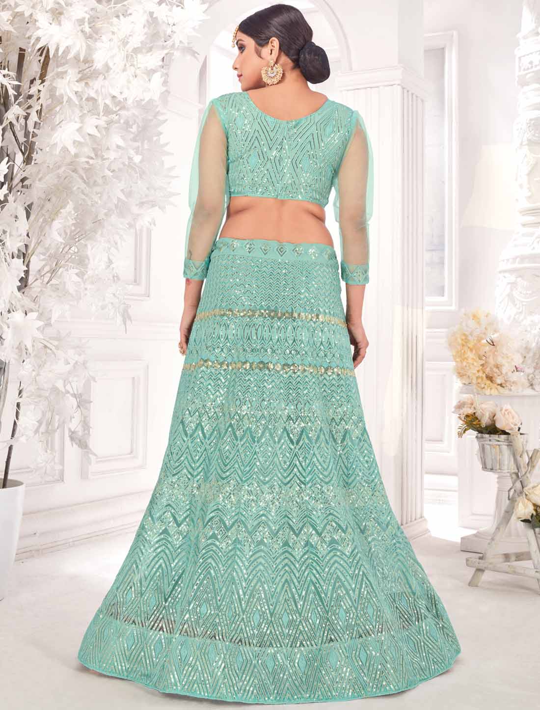 Traditional Sea Green Net With Embroidered Ethnic Lehenga Choli