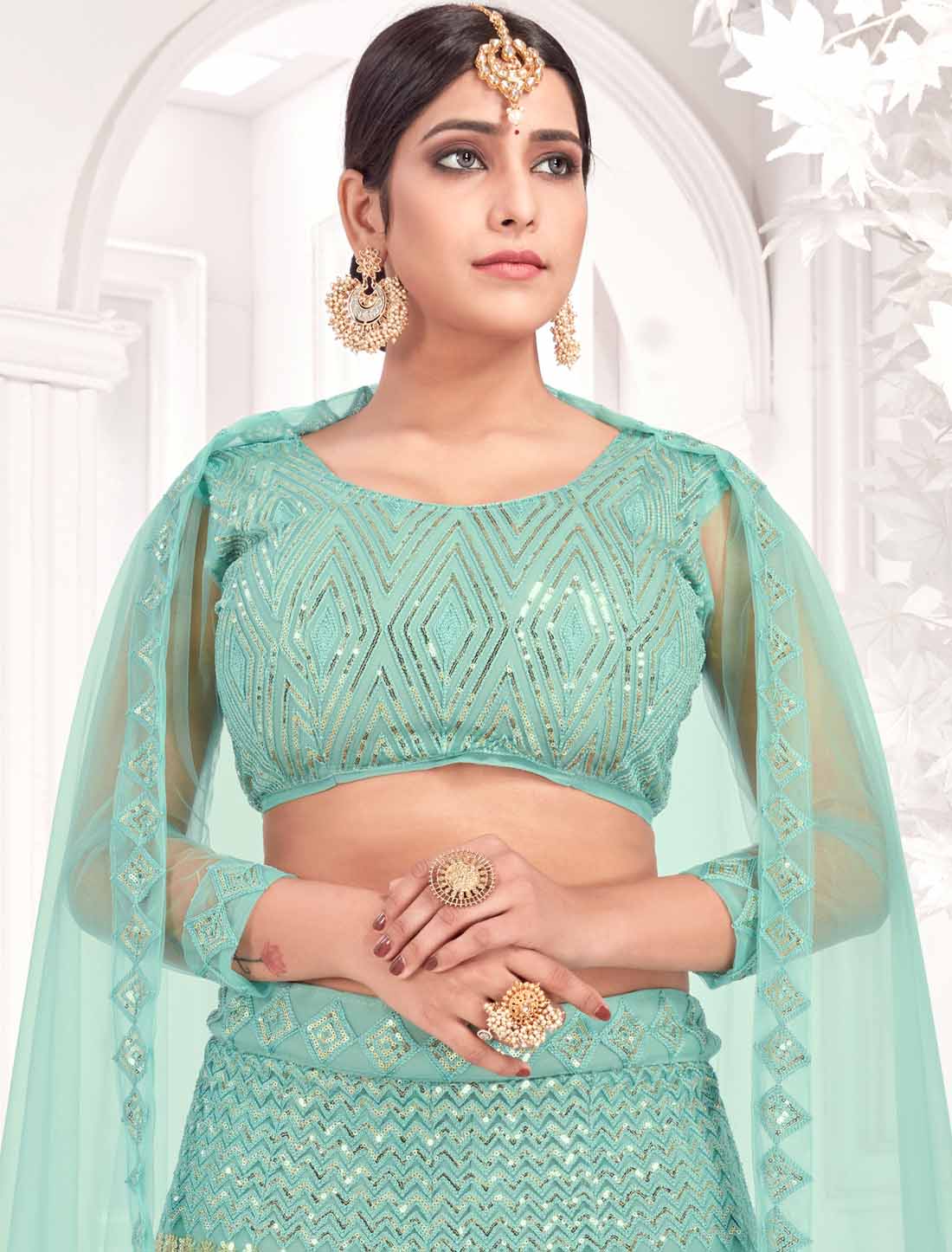 Traditional Sea Green Net With Embroidered Ethnic Lehenga Choli