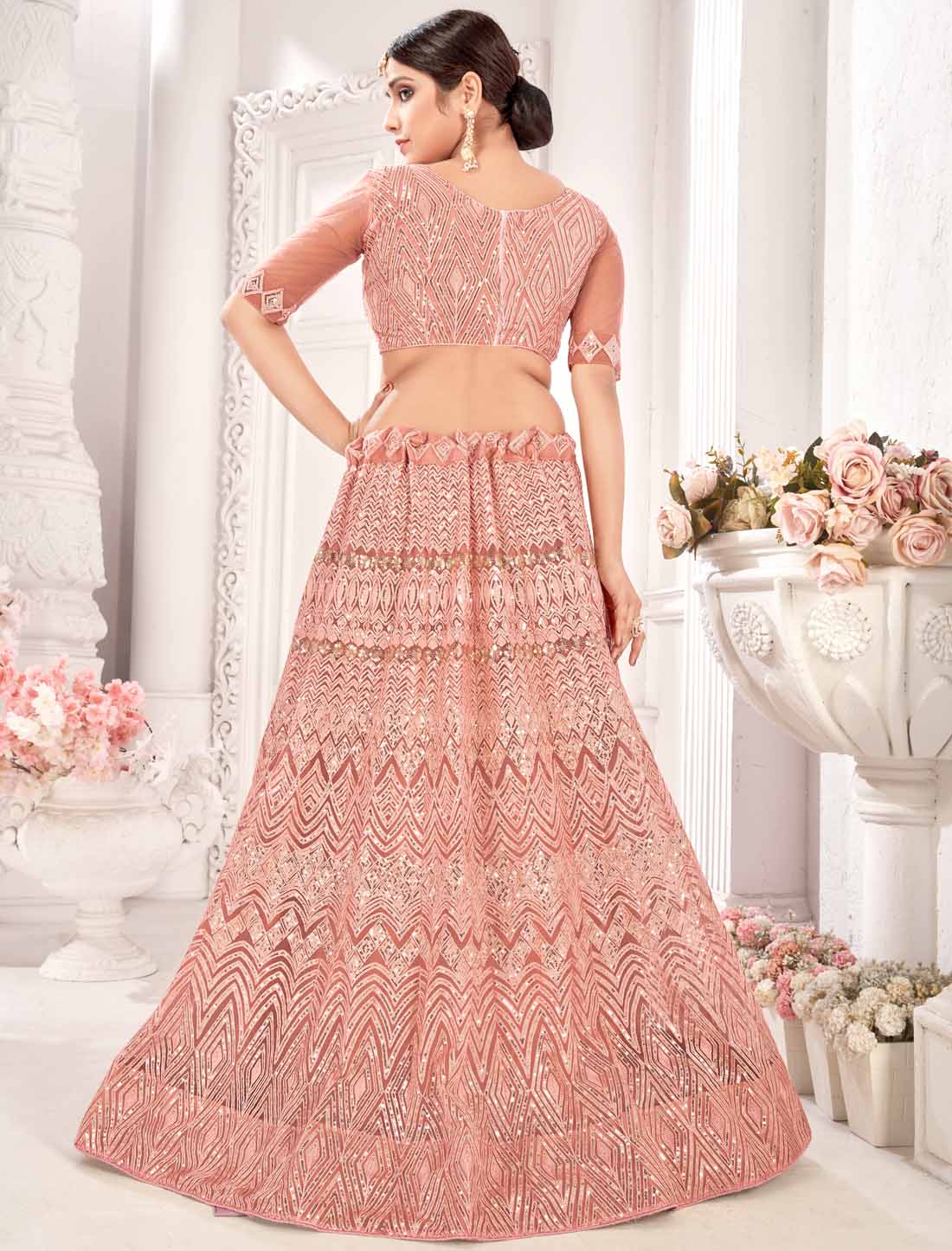 Peach Traditional Net With Ethnic Embroidered Lehenga Choli