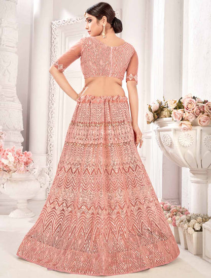 Peach Traditional Net With Ethnic Embroidered Lehenga Choli