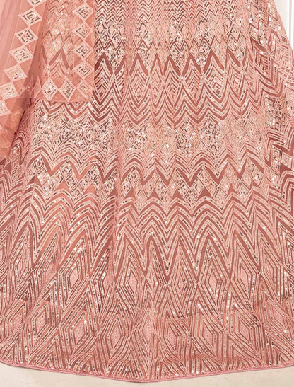 Peach Traditional Net With Ethnic Embroidered Lehenga Choli