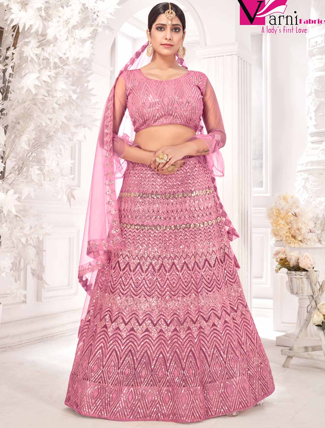 Pink Ethnic Net With Embroidered Traditional Lehenga Choli