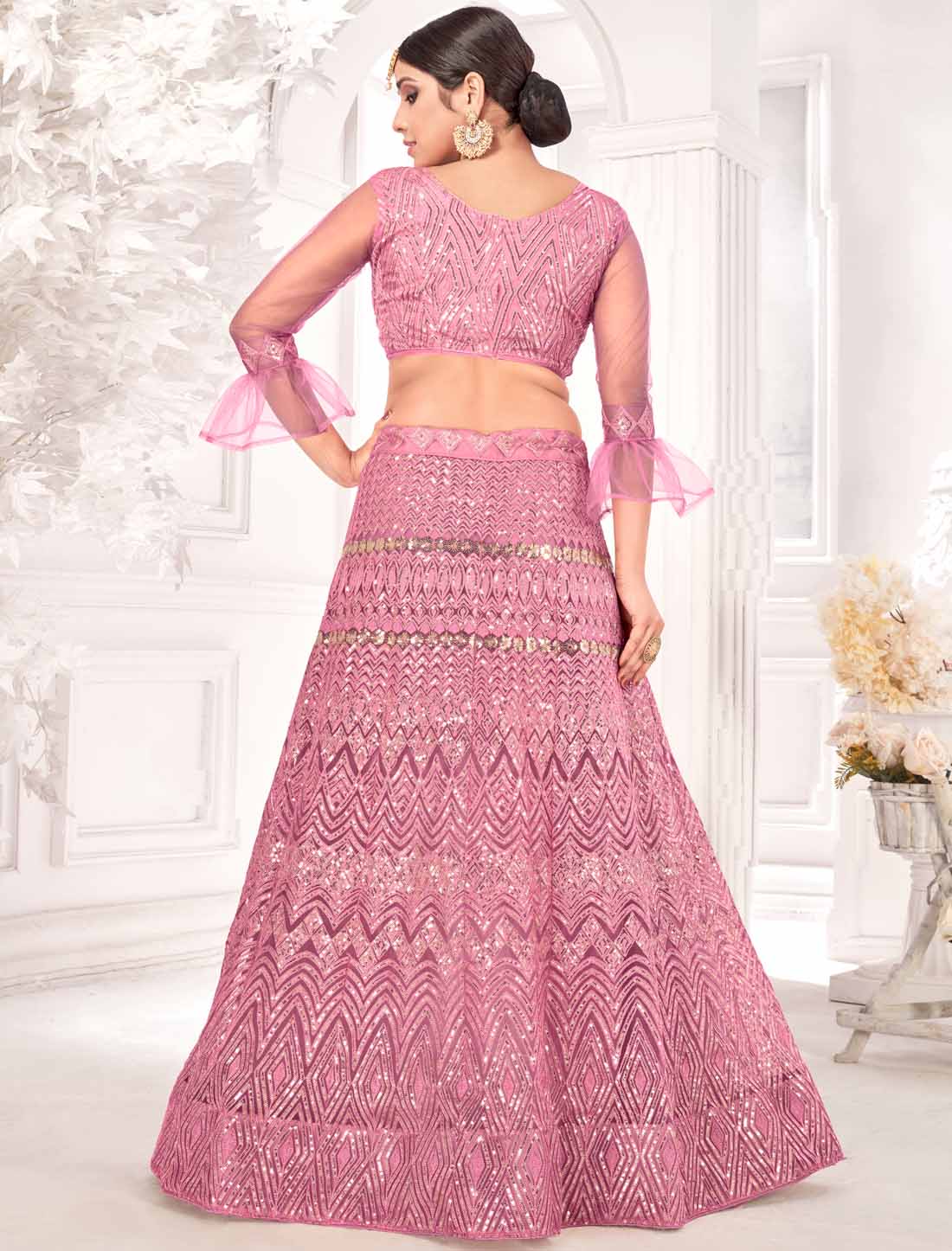 Pink Ethnic Net With Embroidered Traditional Lehenga Choli