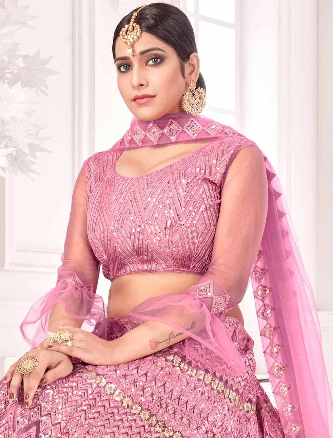 Pink Ethnic Net With Embroidered Traditional Lehenga Choli