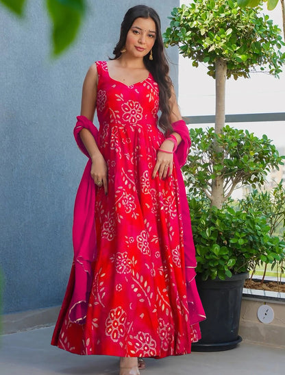 Red Heavy Rayon Anarkali Digital Printed Party Wear Gown