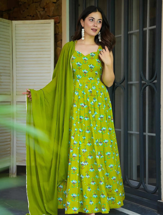 Green Heavy Rayon Anarkali With Digital Printed Party Wear Gown