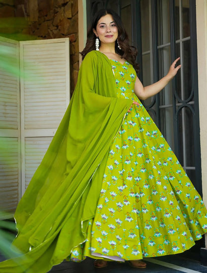 Green Heavy Rayon Anarkali With Digital Printed Party Wear Gown