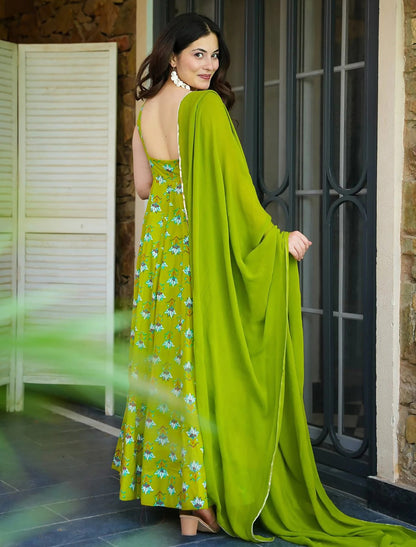 Green Heavy Rayon Anarkali With Digital Printed Party Wear Gown