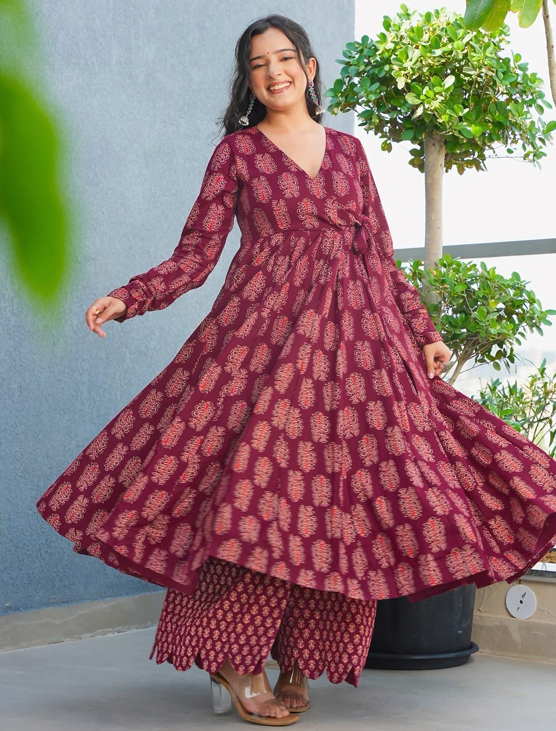 Wine Rayon Heavy Digital Print Kurta Set With Palazzo