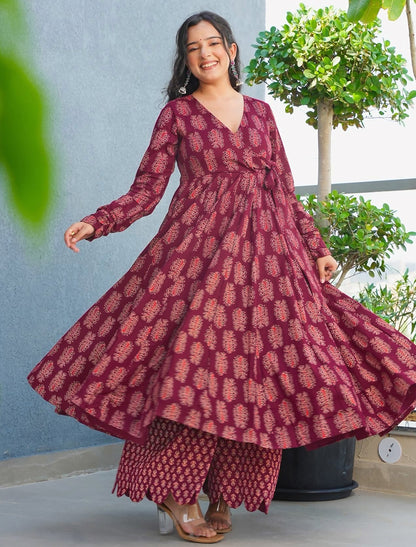 Wine Rayon Heavy Digital Print Kurta Set With Palazzo