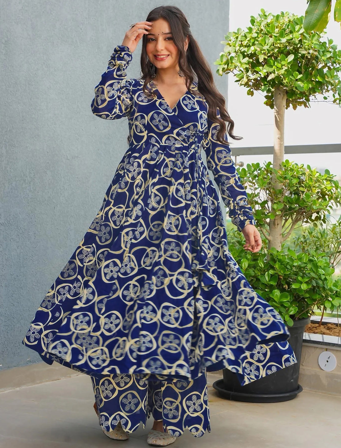 Blue Rayon Kurta Set With Heavy Digital Print Palazzo