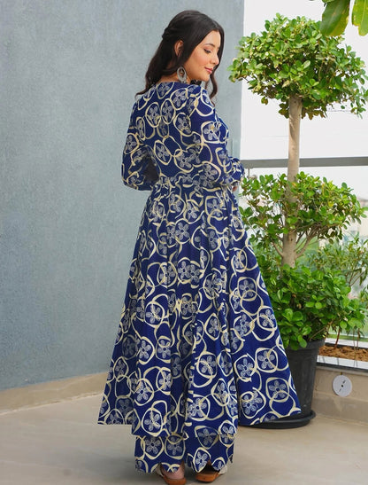 Blue Rayon Kurta Set With Heavy Digital Print Palazzo