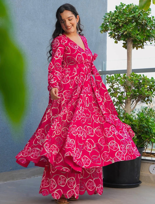 Pink Rayon Kurta Set With Heavy Digital Print Palazzo