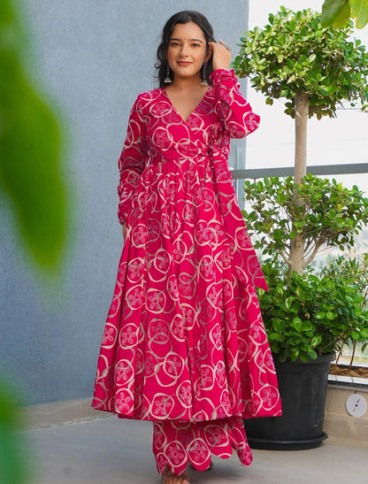 Pink Rayon Kurta Set With Heavy Digital Print Palazzo