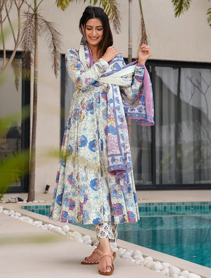 Blue Muslin Kurta Set With Heavy Digital Print