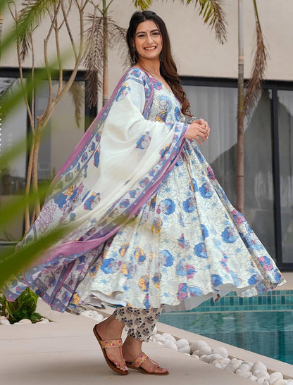 Blue Muslin Kurta Set With Heavy Digital Print
