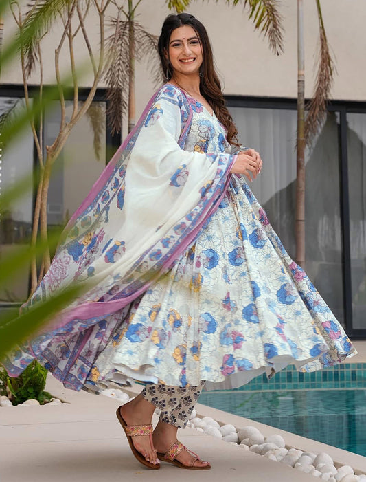 Blue Muslin Kurta Set With Heavy Digital Print