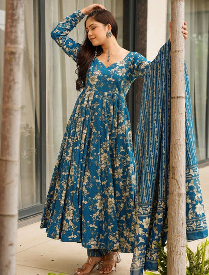 Dark Blue Muslin Kurta Set With Heavy Digital Print