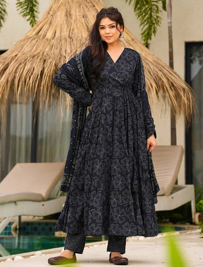 Navy Blue Muslin Kurta Set With Heavy Digital Print