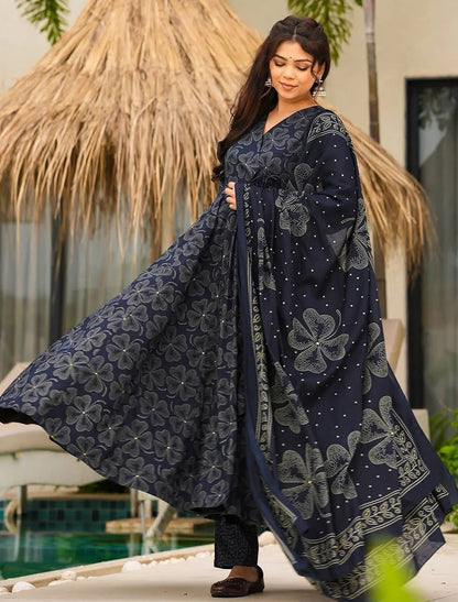 Navy Blue Muslin Kurta Set With Heavy Digital Print