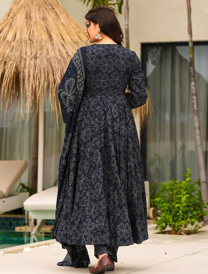 Navy Blue Muslin Kurta Set With Heavy Digital Print