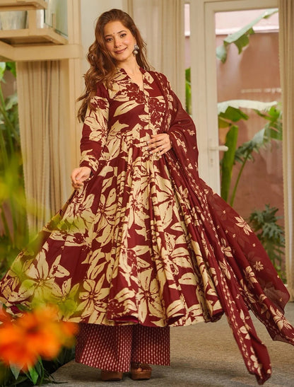 Brown Muslin Women Heavy Digital Print Kurta Sets