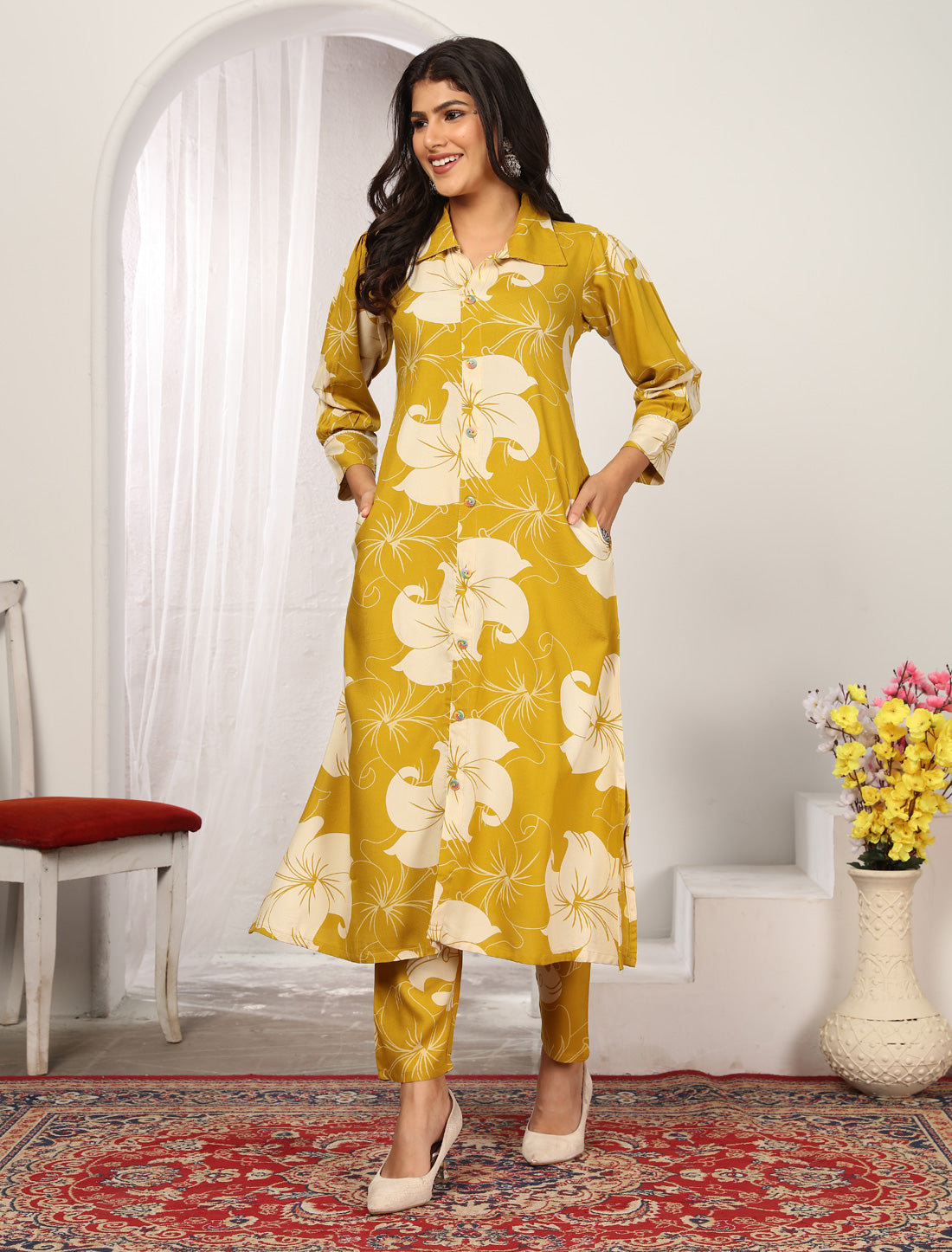 Yellow Ethnic Rayon Top With Pant For Women
