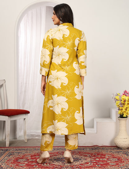Yellow Ethnic Rayon Top With Pant For Women