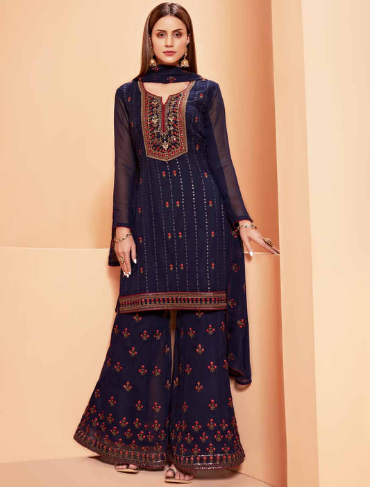 Get Gorgette Ethnic Wear Embroidery Indain Style Top & Sharara Sets