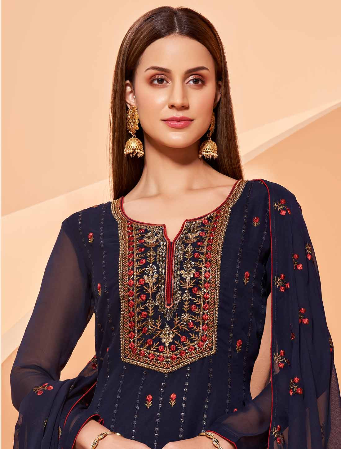 Get Gorgette Ethnic Wear Embroidery Indain Style Top & Sharara Sets