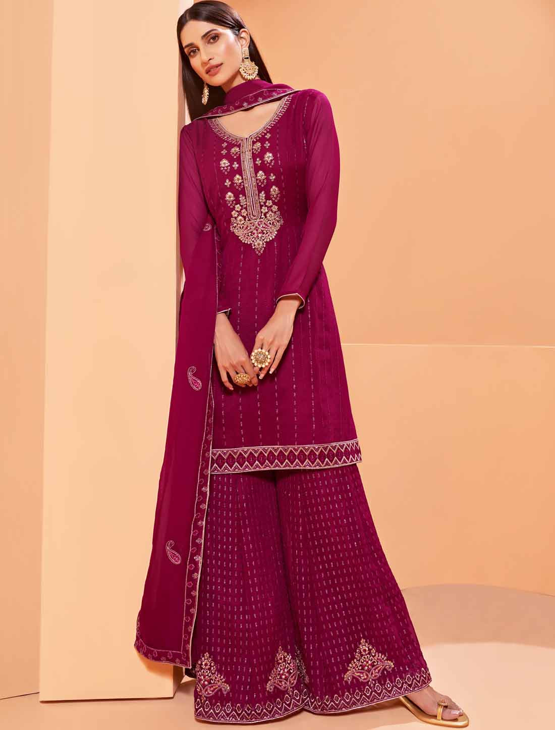 Georgette Indain Style Embroidery Ethnic Wear Top & Sharara Sets