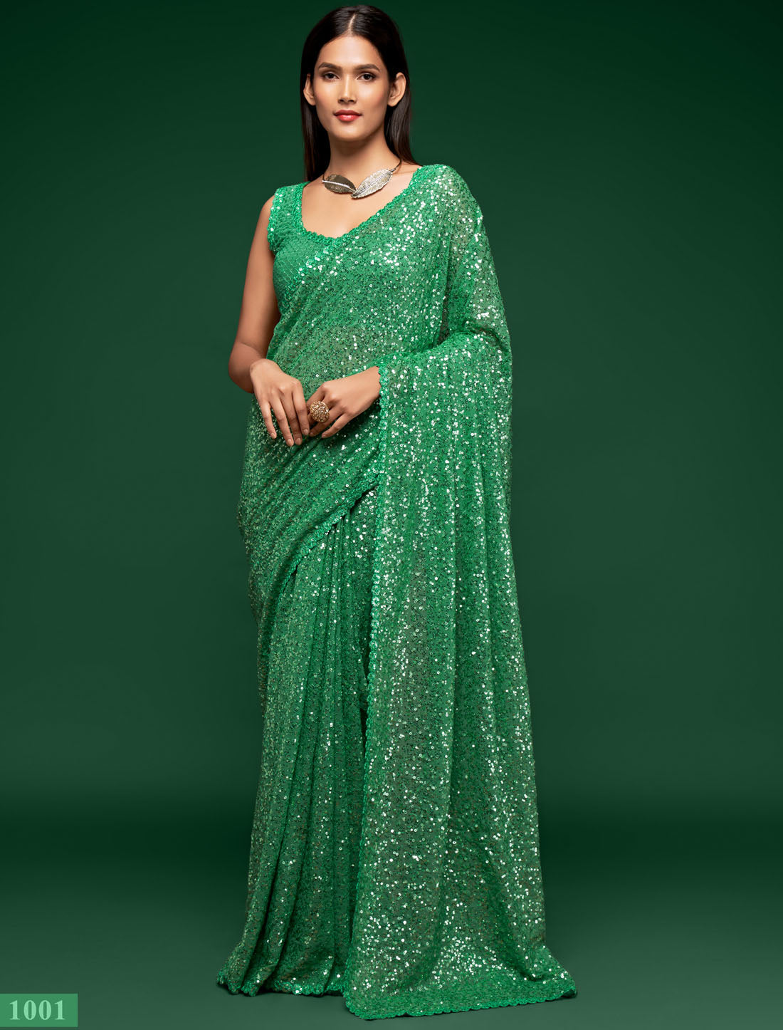 Radiant Pista Green Georgette With Thread and Multiple Sequins Embroidery Party Saree