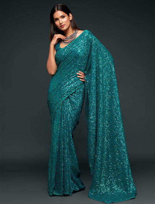 Teal Blue Glamour In With Thread and Multiple Sequins Embroidery Party Georgette Saree