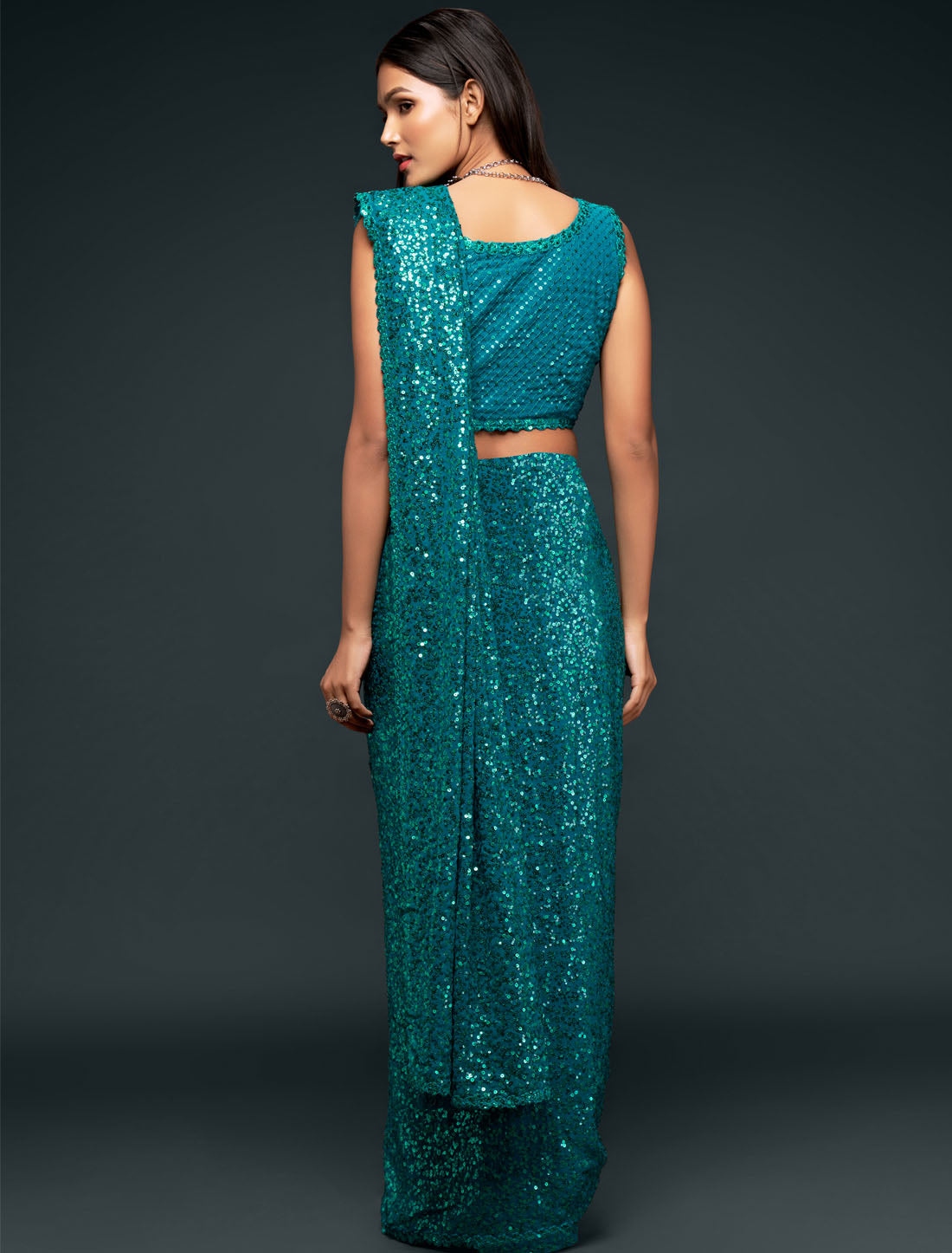 Teal Blue Glamour In With Thread and Multiple Sequins Embroidery Party Georgette Saree