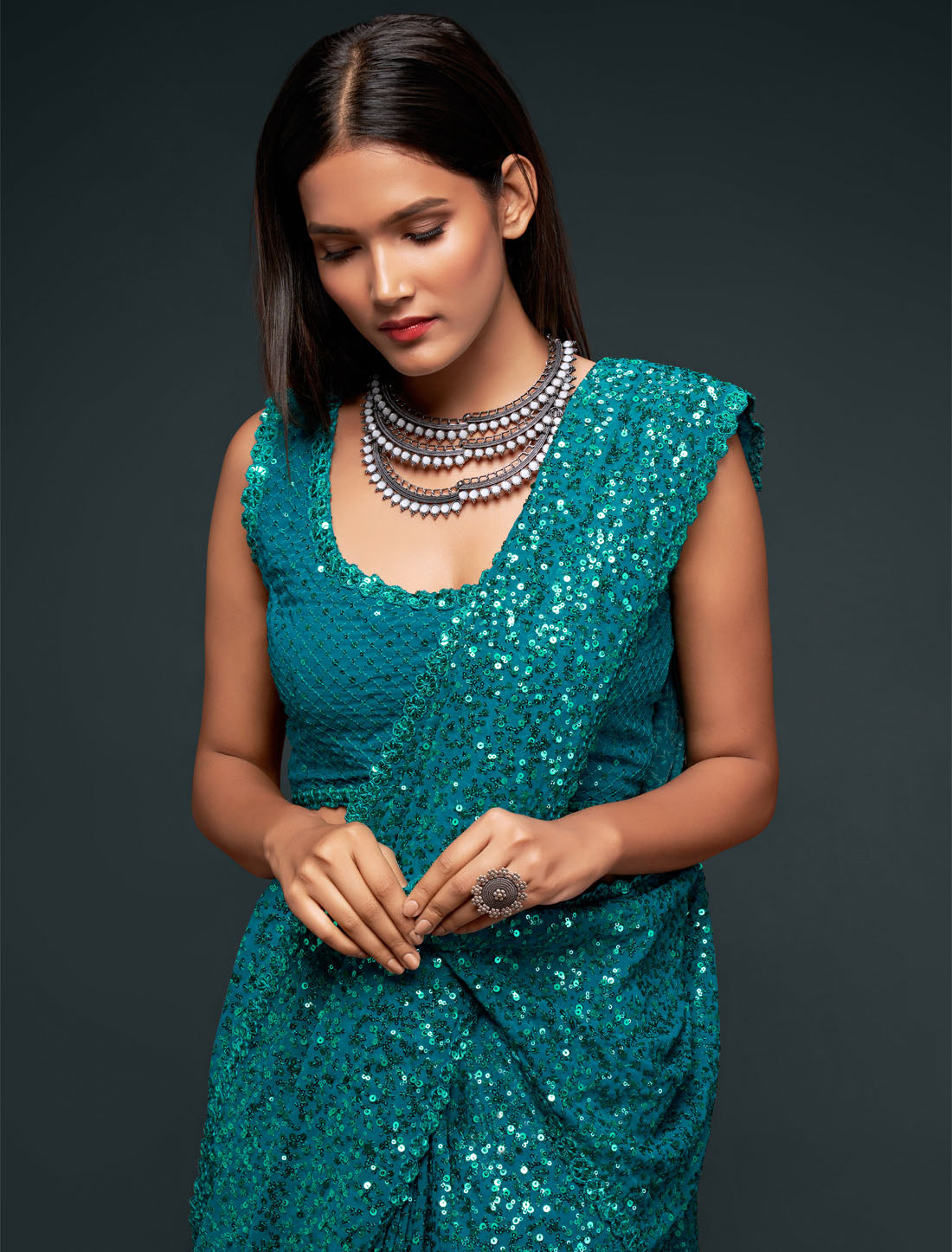 Teal Blue Glamour In With Thread and Multiple Sequins Embroidery Party Georgette Saree