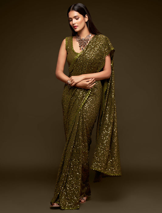 Enchanting Brown Georgette With Thread and Multiple Sequins Embroidery Partywear Saree