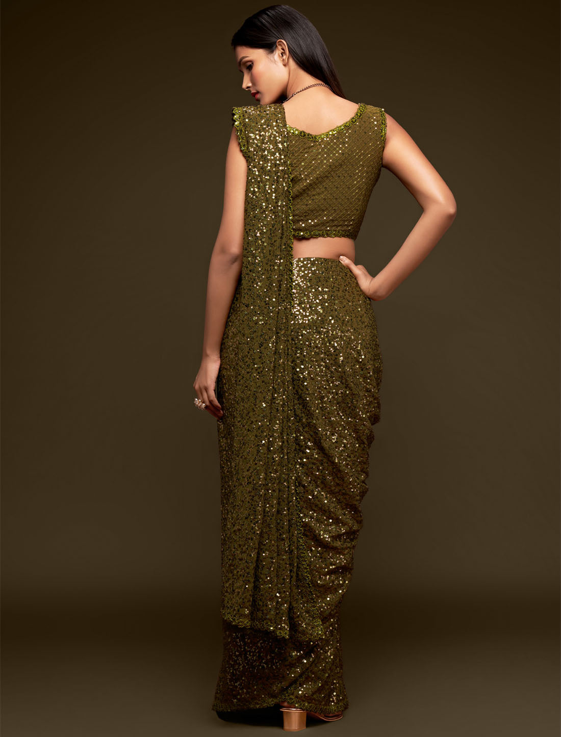 Enchanting Brown Georgette With Thread and Multiple Sequins Embroidery Partywear Saree