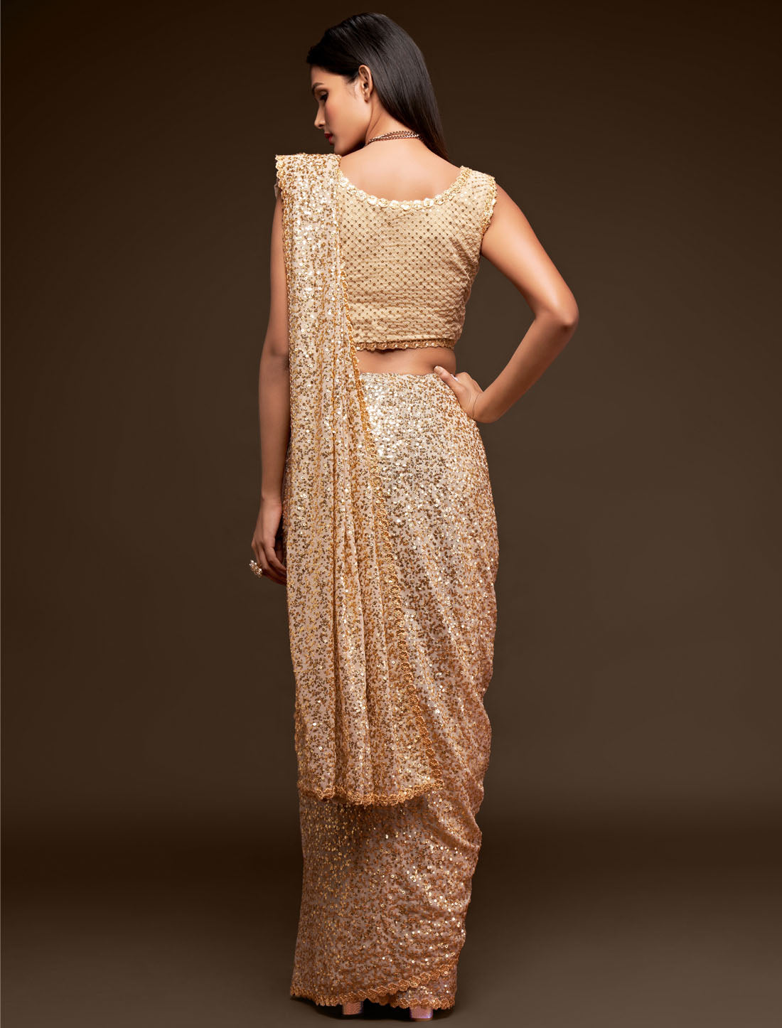 Cream Allure in With Thread and Multiple Sequins Embroidery Georgette Embroidered Saree